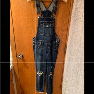 American Eagle AE x me campaign, dark washed, distressed overalls